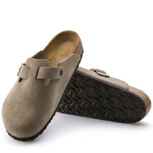 Birkenstock Boston Clogs in Taupe Suede with a Soft Footbed